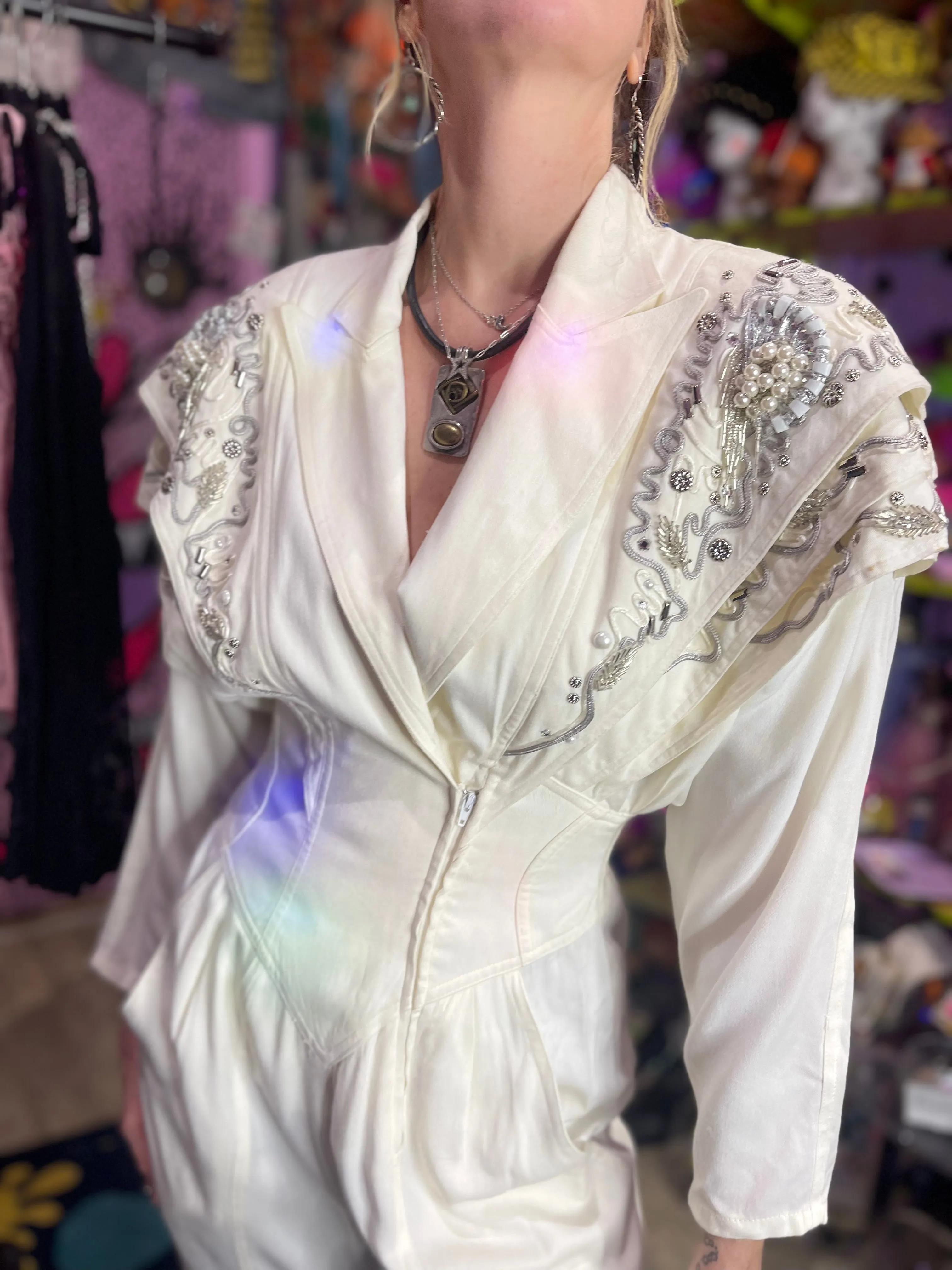 Vintage 90s White Beaded Dynasty Jumpsuit