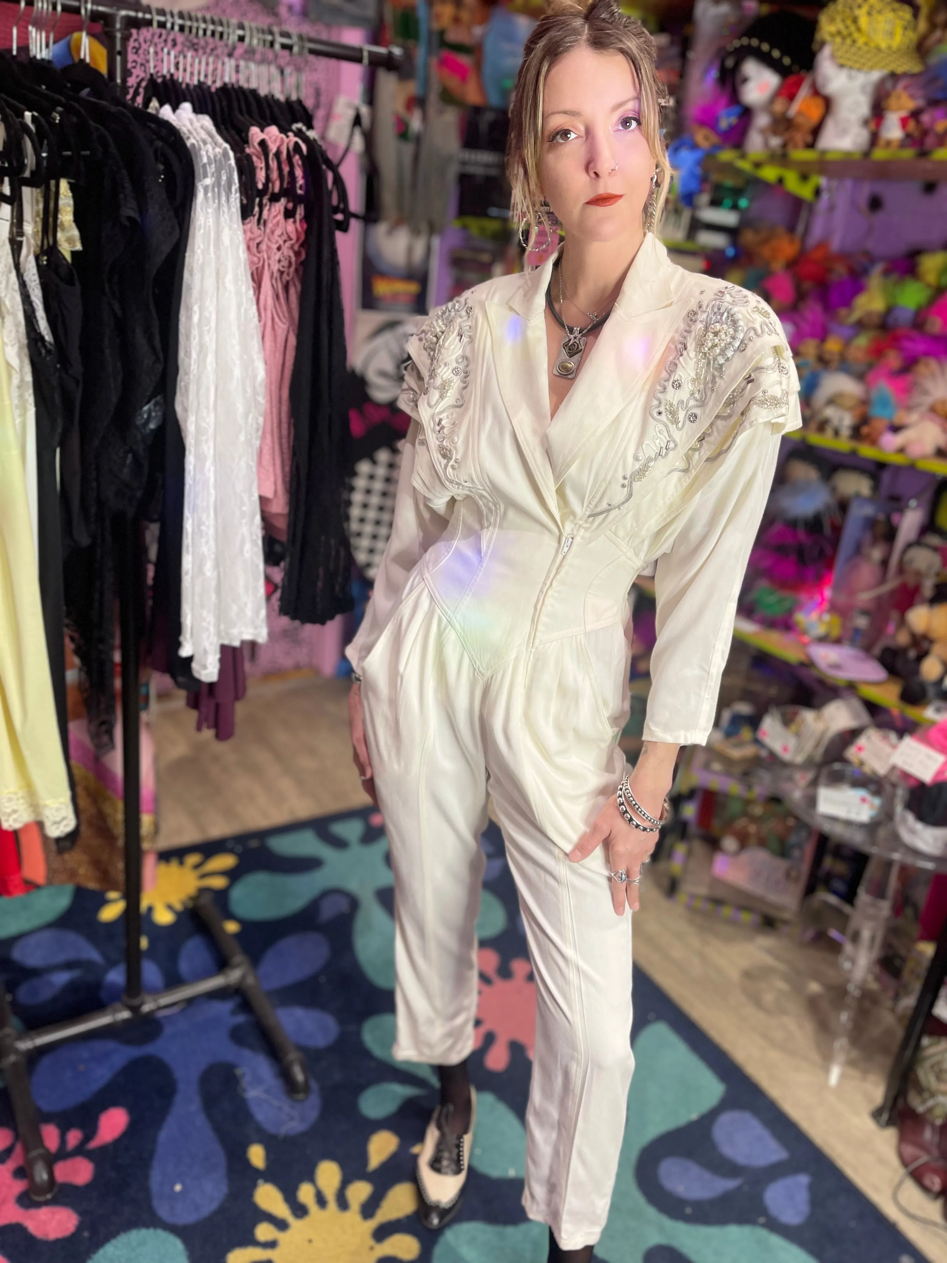 Vintage 90s White Beaded Dynasty Jumpsuit