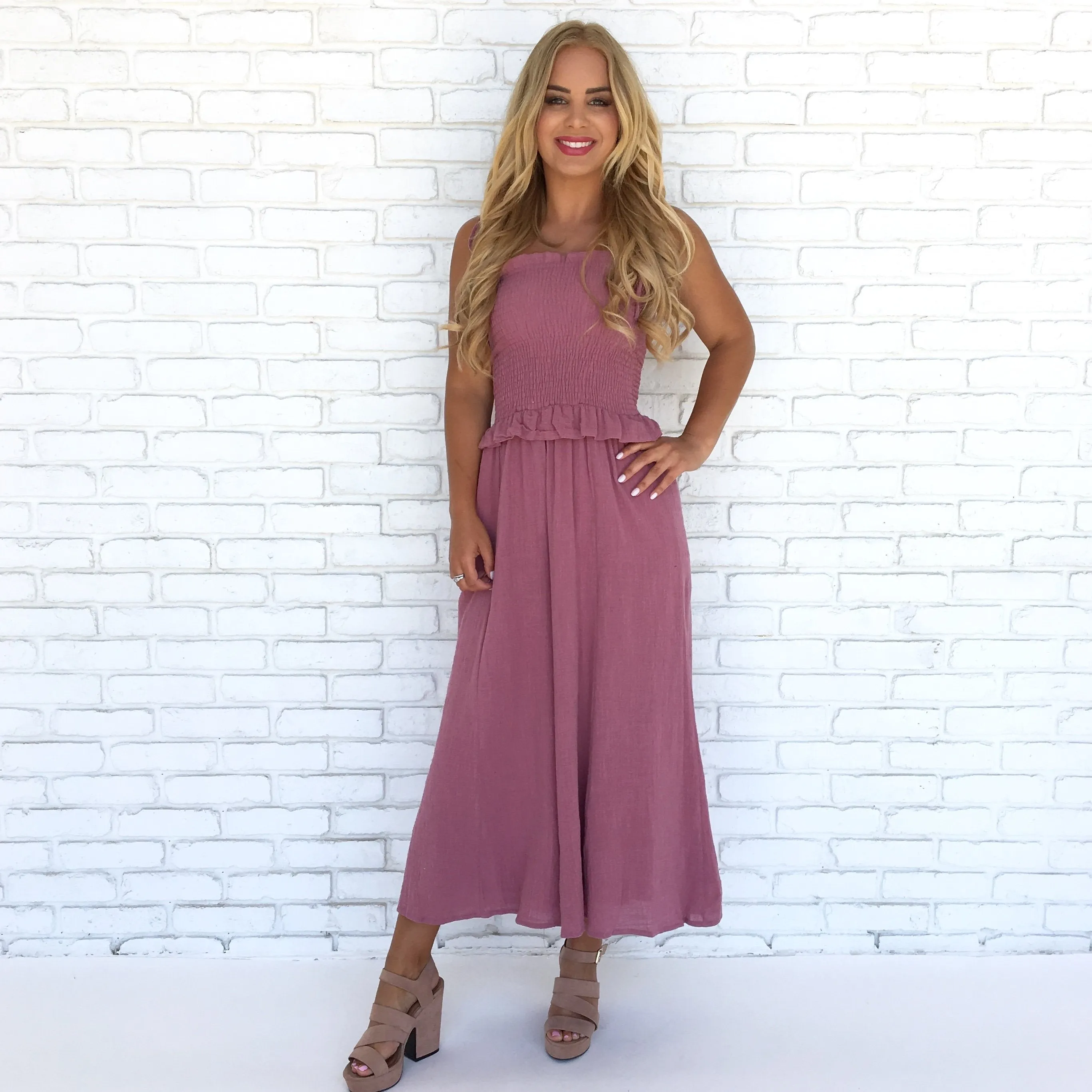 Vintage Linen Flare Jumpsuit in Dusty Rose