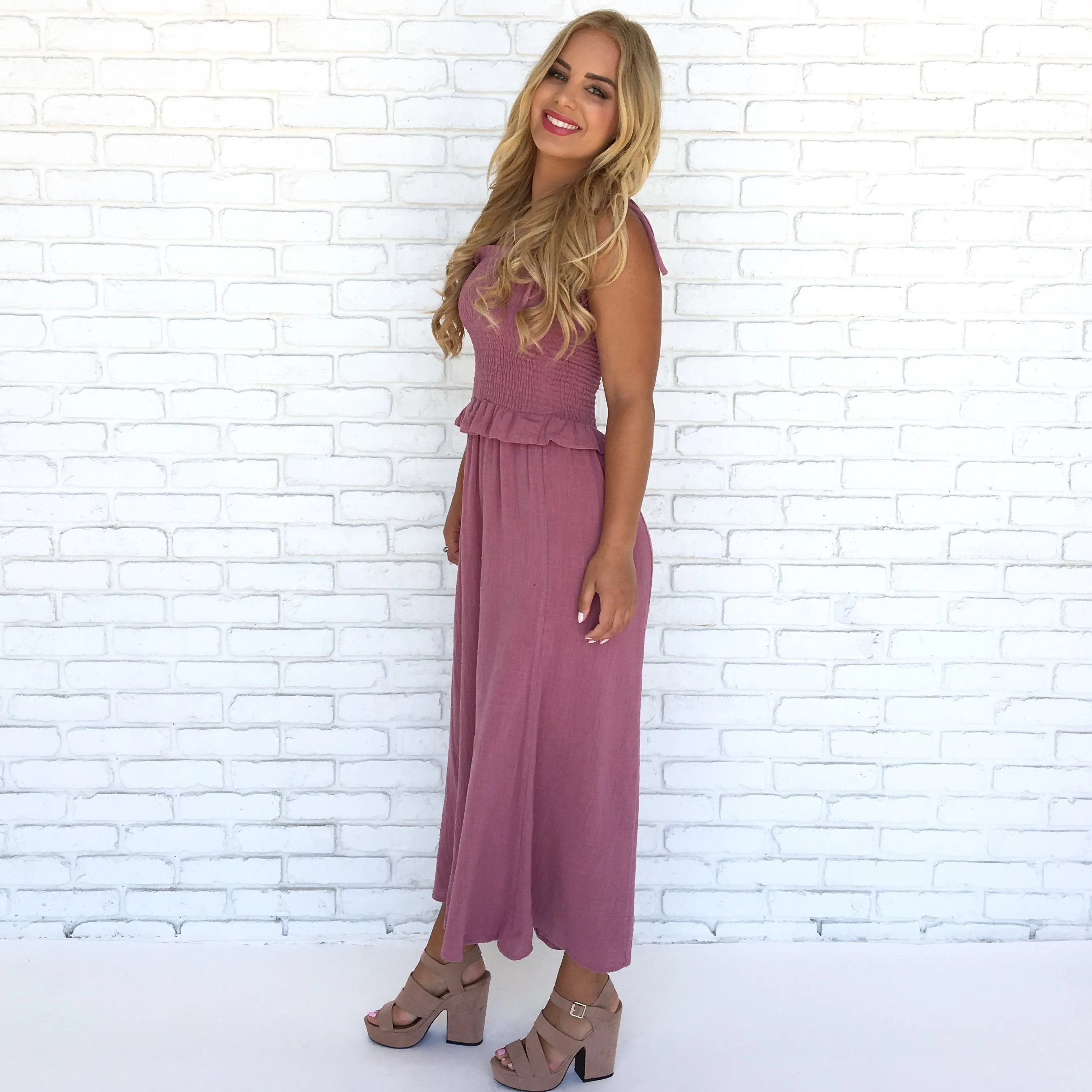 Vintage Linen Flare Jumpsuit in Dusty Rose