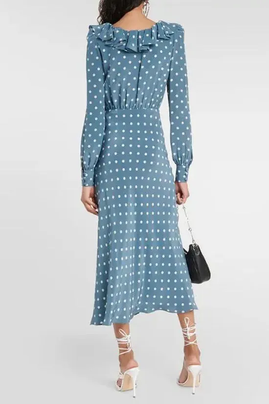 Vintage Ruffle Bow Trim Bishop Sleeve Chiffon Polka Dot Printed Midi Dress