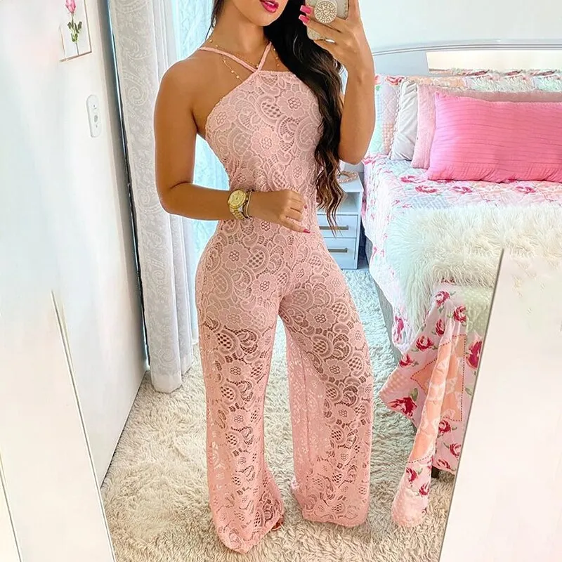 Wenkouban  Elegant Jumpsuit Women 2023 Summer Halter Sleeveless Crochet Lace High Slit See Through Holiday Long One Piece Suits