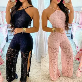 Wenkouban  Elegant Jumpsuit Women 2023 Summer Halter Sleeveless Crochet Lace High Slit See Through Holiday Long One Piece Suits