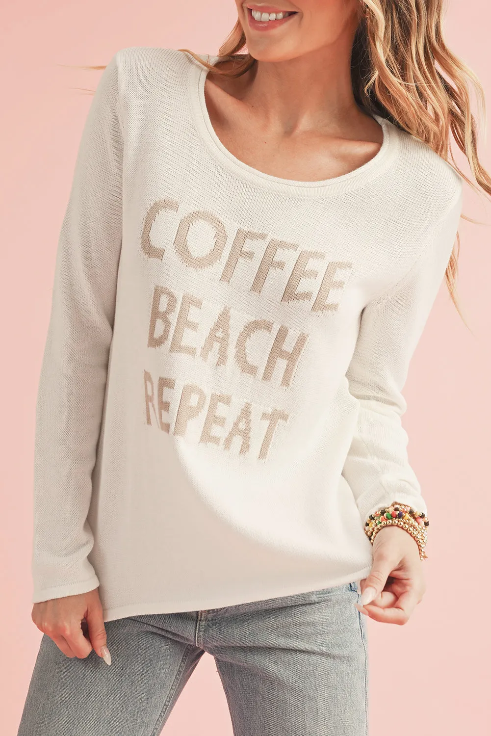 White Letter Print Round Neck Raw Edge Sweater