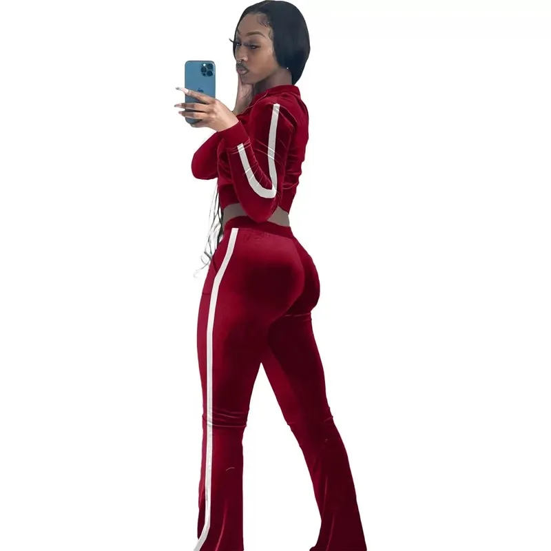 Wholesale rib color flared pants velvet set 2PC（CL9357）