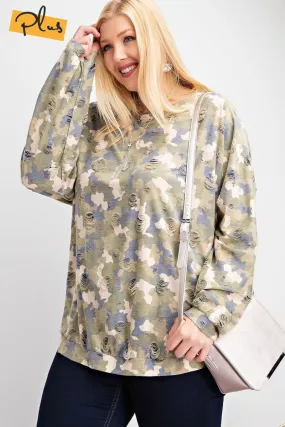 Women's Plus Size Long Sleeve Distressed Printed Rayon Pullover Top