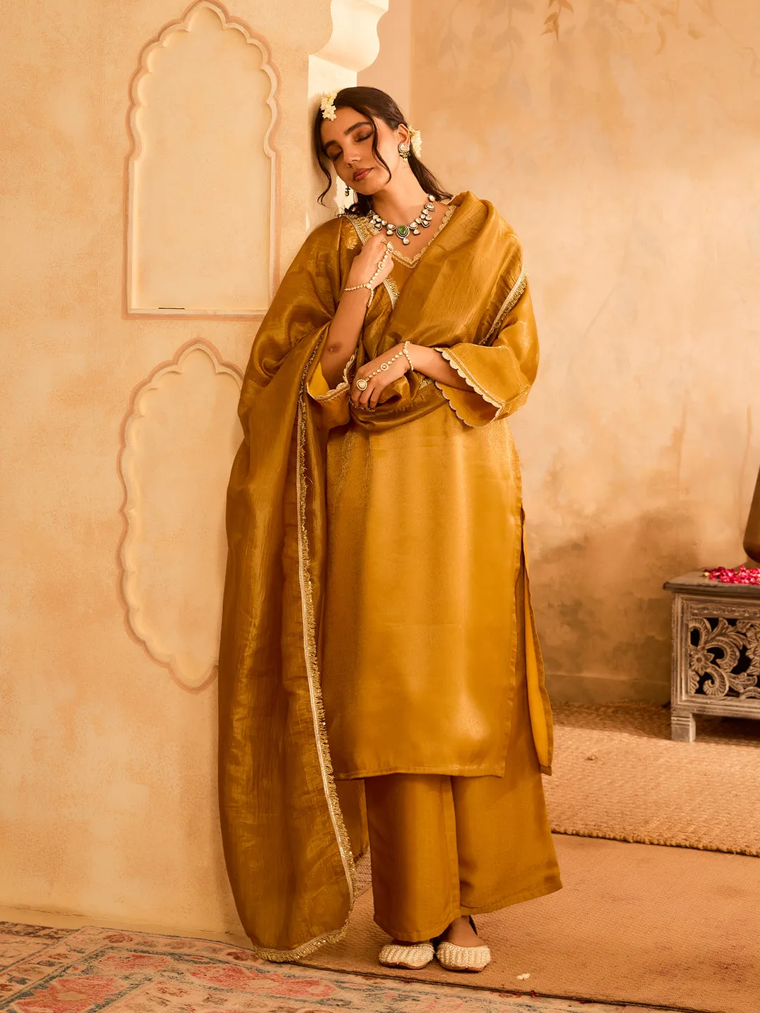 Zari Nazakat Mustard Silk Shimmer Kurta Set from Sunehra Safar