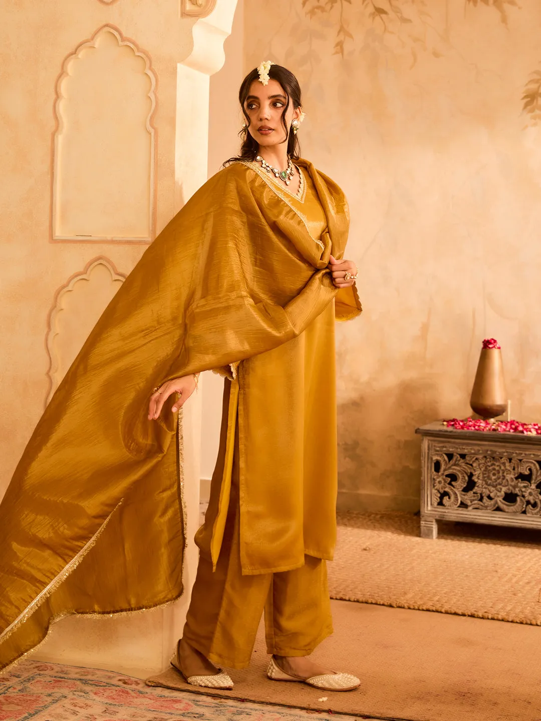 Zari Nazakat Mustard Silk Shimmer Kurta Set from Sunehra Safar